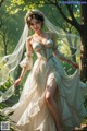 A woman in a wedding dress is walking through the woods.