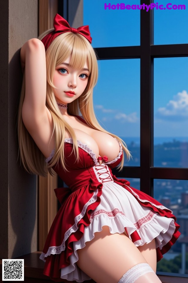 A woman in a red and white dress leaning against a window.